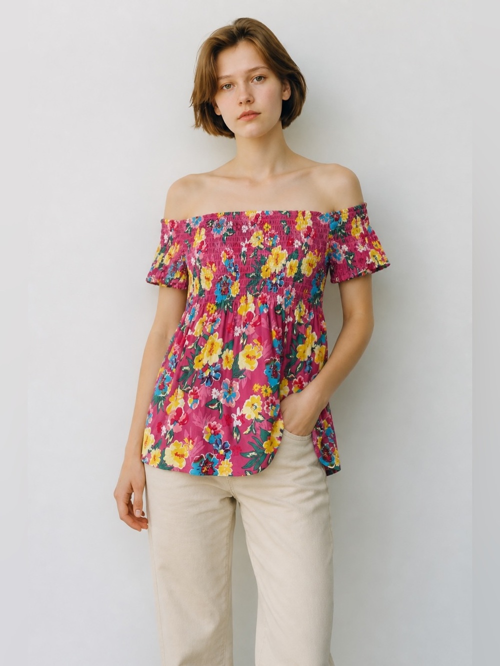 Bobbie Brooks Tinica Top Smocked Floral Ladies Size XL Roses Pink NWT